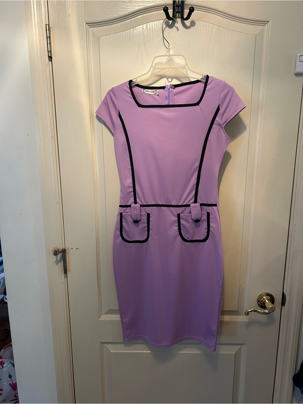Cap-Sleeve Lavender Sheath Dress with Black Piping
